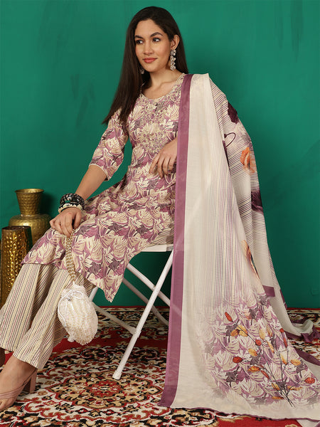 Women Purple Yoke Embroidery Kurta with Trouser & Dupatta