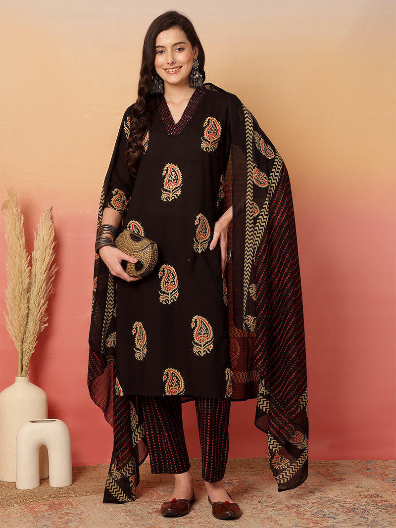 Women Brown Cotton Printed V-neck Straight Kurta with Trouser & Dupatta