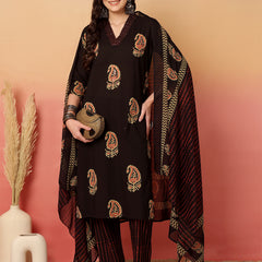 Women Brown Cotton Printed V-neck Straight Kurta with Trouser & Dupatta