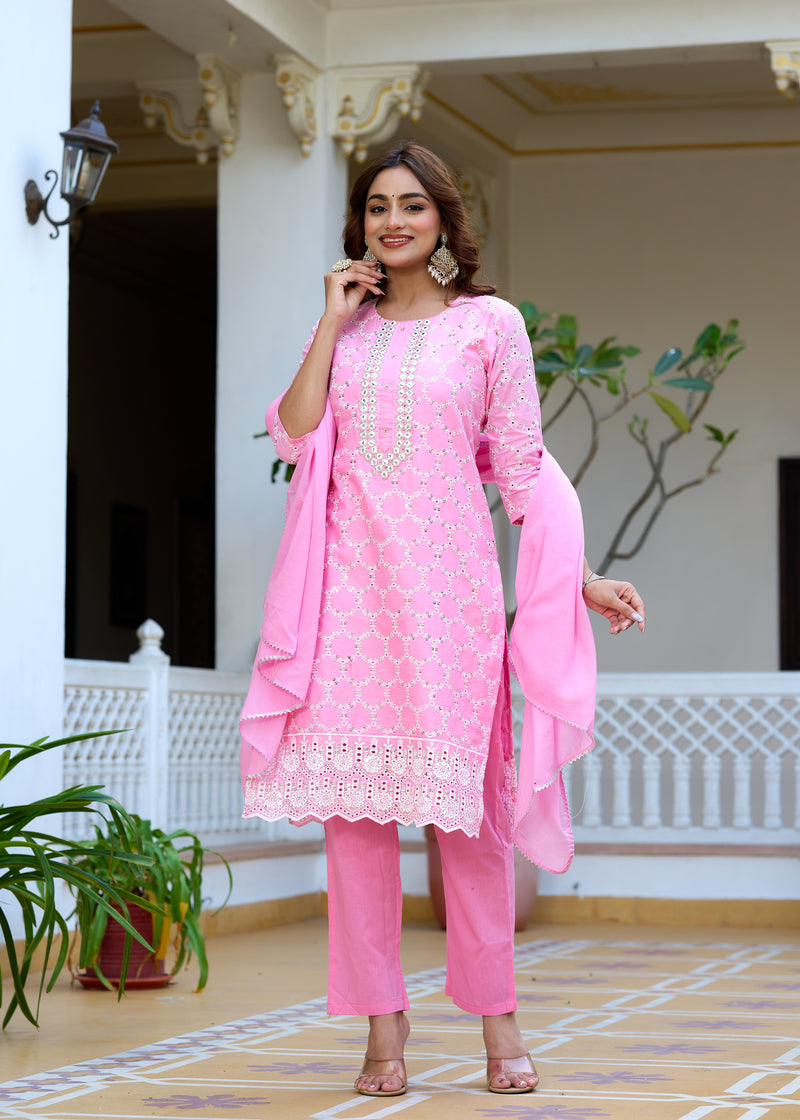 ANAISA Women cotton Schiffli embroidered Kurta with Trouser & Dupatta