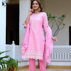 ANAISA Women cotton Schiffli embroidered Kurta with Trouser & Dupatta
