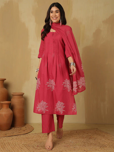 Women Cotton Discharge Printed A-line Kurta with Trouser & Dupatta