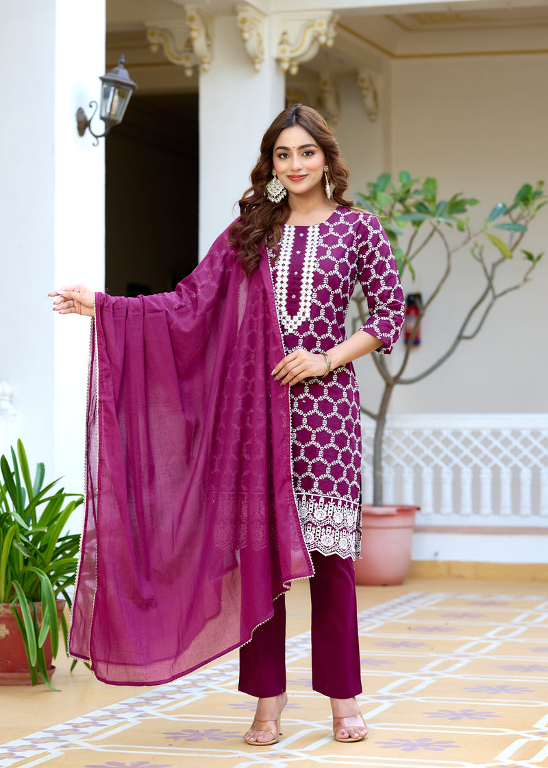 ANAISA Women cotton Schiffli embroidered Kurta with Trouser & Dupatta