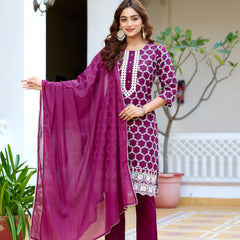 ANAISA Women cotton Schiffli embroidered Kurta with Trouser & Dupatta