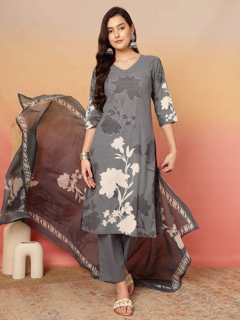 Women Cotton Printed Patch Work Kurta with Trouser & Dupatta