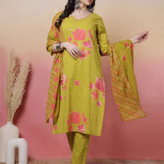 Women Coral Cotton Placement Printed Hand Work Kurta with Trouser & Dupatta