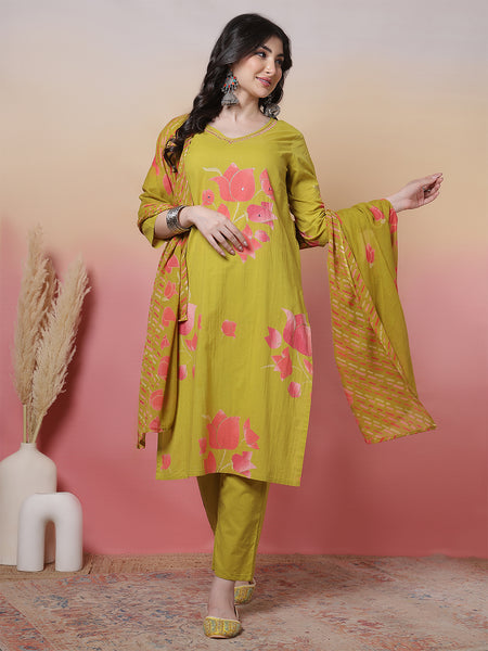 Women Coral Cotton Placement Printed Hand Work Kurta with Trouser & Dupatta