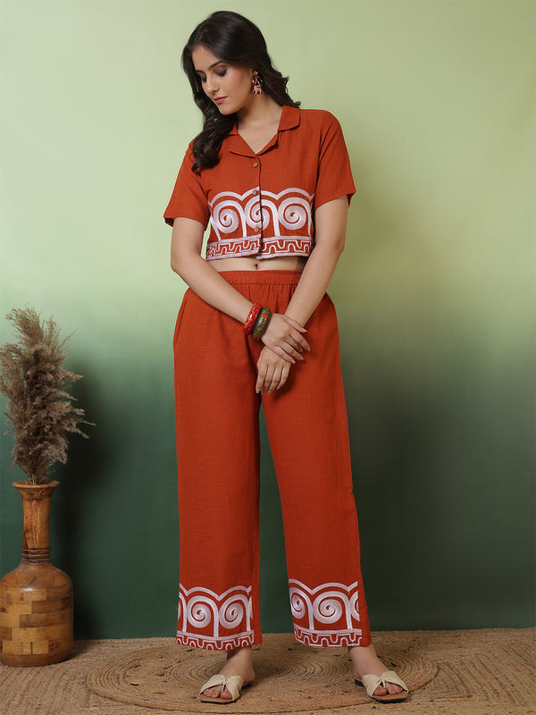 Women Orange Embroidery Crop Top with Trouser Co-ord Set