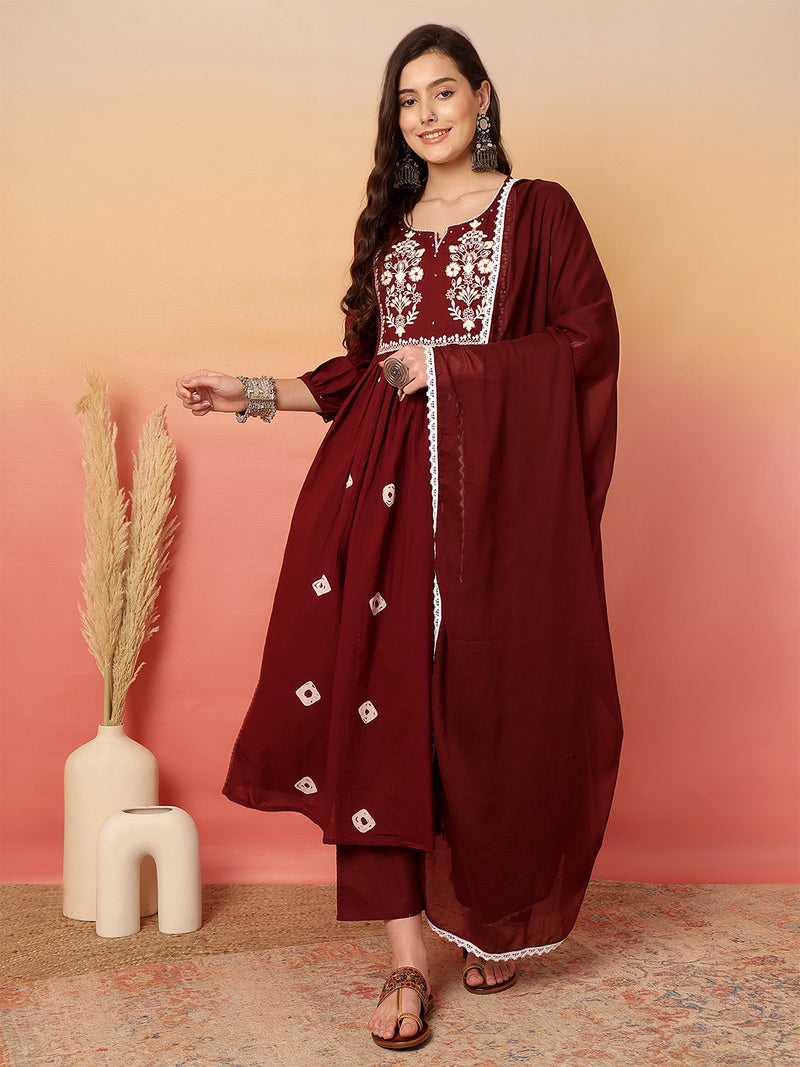 Women Cotton Maroon Embroidery Anarkali Kurta with Trouser & Dupatta