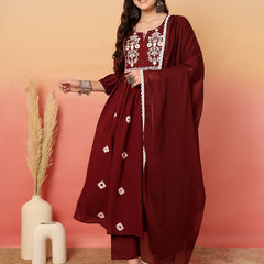 Women Cotton Maroon Embroidery Anarkali Kurta with Trouser & Dupatta
