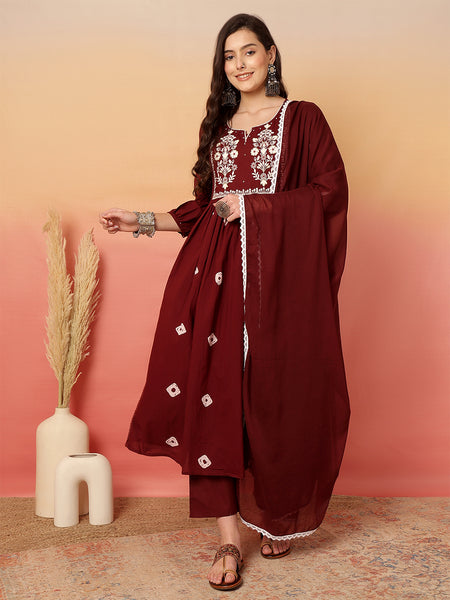 Women Cotton Maroon Embroidery Anarkali Kurta with Trouser & Dupatta