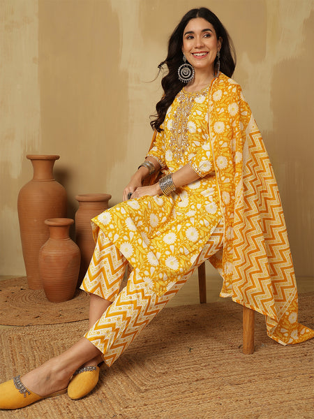 Women Floral Printed Mustard Kurta With Trouser & Dupatta