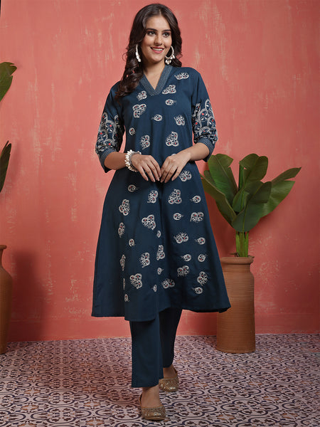 Women Cotton Flex Teal Figure Embroidery A-line Kurta with Trouser