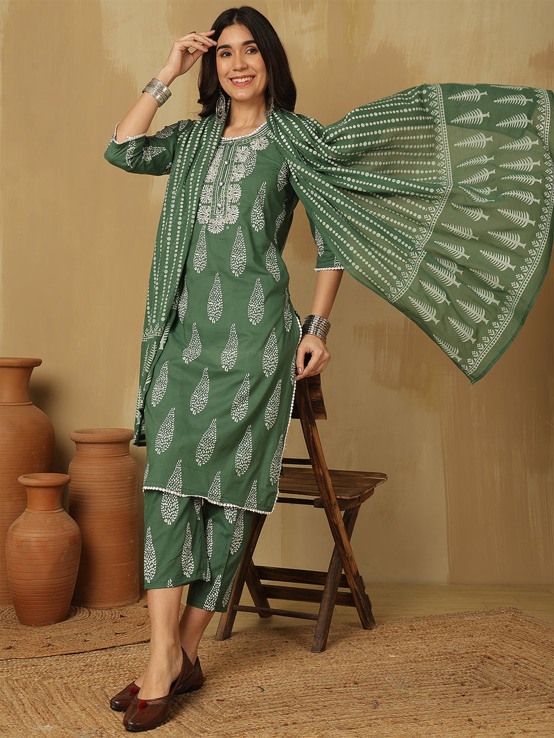 Women Green Regular Wear Kurta With Trouser & Dupatta