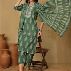 Women Green Regular Wear Kurta With Trouser & Dupatta