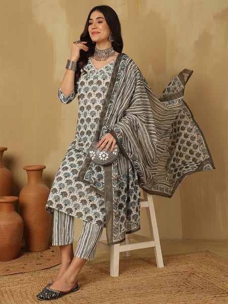 Women Cotton Printed Straight Kurta With Trouser & Dupatta