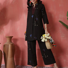 Women Black Pure Cotton Printed Top with Palazzo Co-ord Set