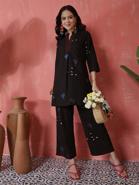 Women Black Pure Cotton Printed Top with Palazzo Co-ord Set