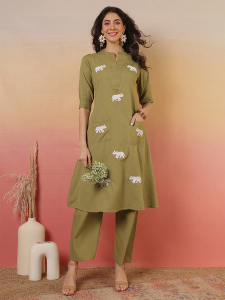 Women Solid Cotton Flex A-line Pocket Kurta with Palazzo Set