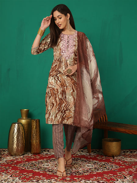 Women Brown Yoke Embroidery Kurta with Trouser & Dupatta