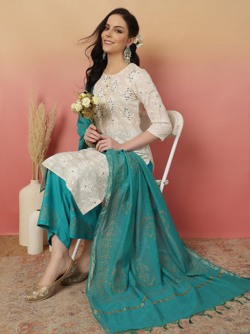 ANAISA Women Cotton Flex White Embroidery Kurta with Turquoise blue Palazzo with Dupatta