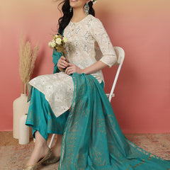 ANAISA Women Cotton Flex White Embroidery Kurta with Turquoise blue Palazzo with Dupatta