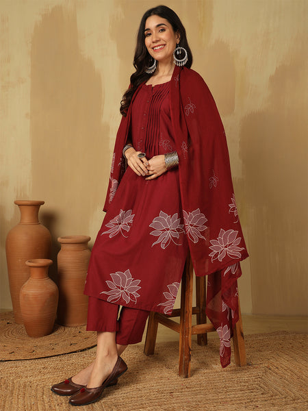 Women Red Cotton Discharge Printed A-line Kurta with Trouser & Dupatta
