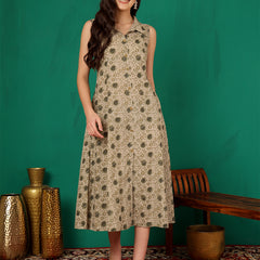 ANAISA Women Brown Printed Cotton Sleeveless, Collar Neck, Calf Length Midi Summer Dress