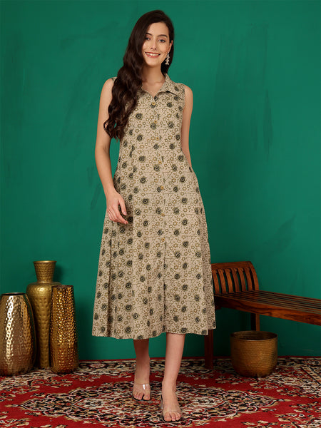ANAISA Women Brown Printed Cotton Sleeveless, Collar Neck, Calf Length Midi Summer Dress