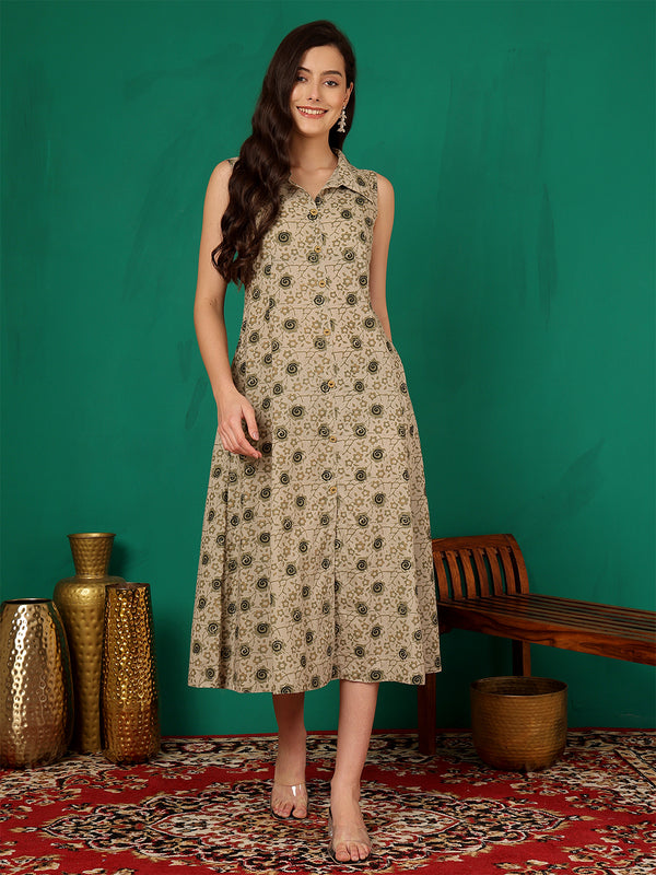 ANAISA Women Brown Printed Cotton Sleeveless, Collar Neck, Calf Length Midi Summer Dress
