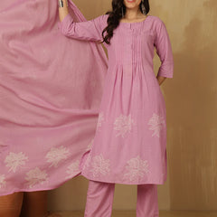 Women Cotton Discharge Printed A-line Kurta with Trouser & Dupatta