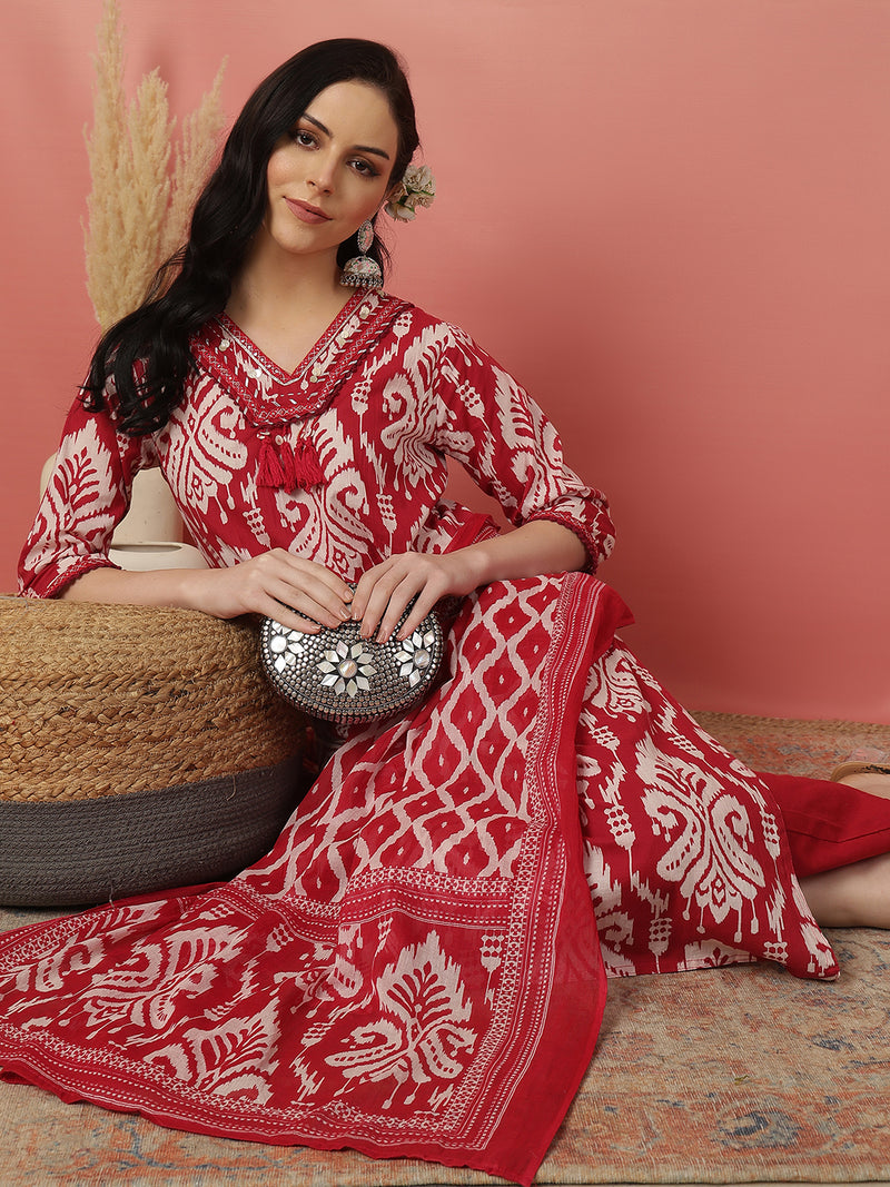 Sangira Women Cotton Printed V-neck, Straight Kurta with Trouser & Dupatta