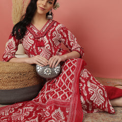 Sangira Women Cotton Printed V-neck, Straight Kurta with Trouser & Dupatta