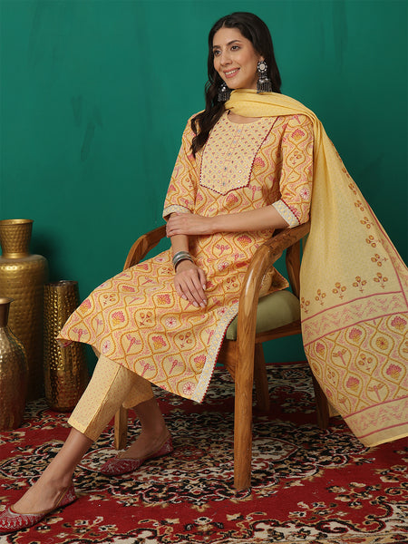 Women Yellow Cotton Round Neck, 3/4 Sleeves, Calf Length, Printed Kurta with Trouser & Dupatta
