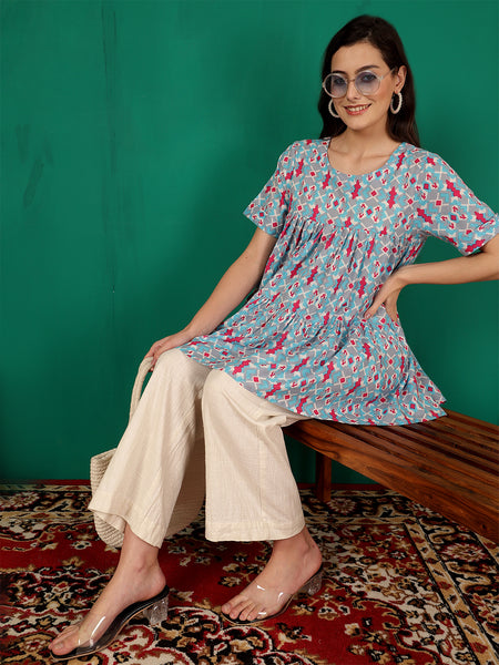 ANAISA Women Cotton Printed Sky blue & Pink Fit and Flare Summer Top