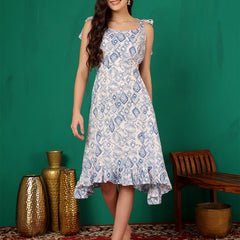 ANAISA Women Blue & White Printed Cut out Dress