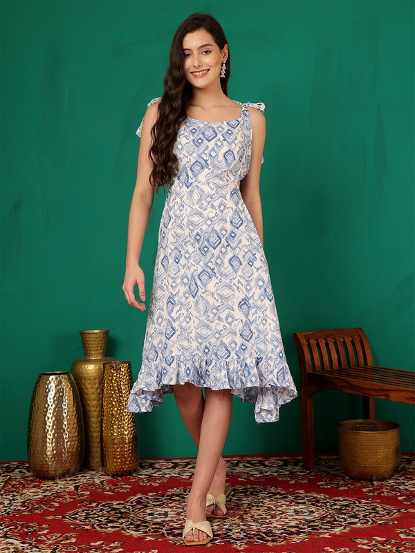 ANAISA Women Blue & White Printed Cut out Dress