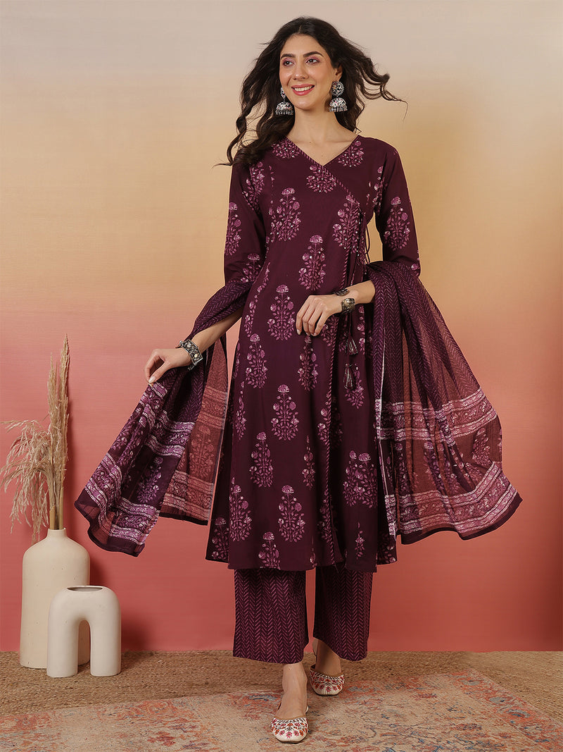 Women Purple Block Printed Front Slit Kurta With Palazzo Pant & Dupatta