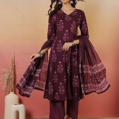 Women Purple Block Printed Front Slit Kurta With Palazzo Pant & Dupatta
