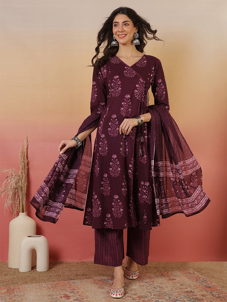 Women Purple Block Printed Front Slit Kurta With Palazzo Pant & Dupatta