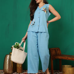 Women Cotton Aqua Blue Embroidery Top with Trouser Co-ord Set