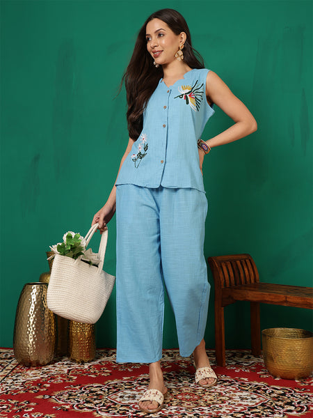 Women Cotton Aqua Blue Embroidery Top with Trouser Co-ord Set