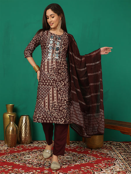 Women Brown Yoke Embroidery Kurta with Trouser & Dupatta