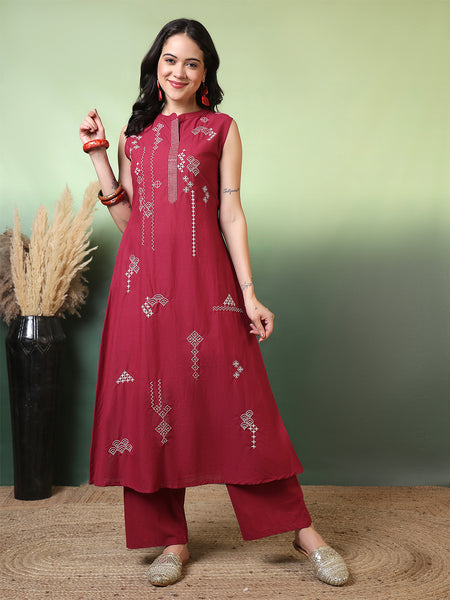 Women Cherry Pure Cotton Embroidery Kurta with attached sleeves and Palazzo Set