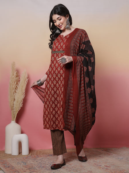 Women Cotton Hand Block Printed Kurta with Trouser & Dupatta