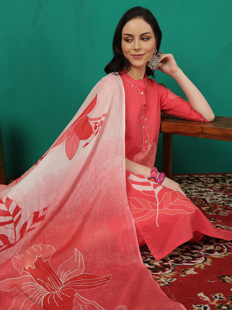 ANAISA Women Cotton Placement Print Straight Kurta with Trouser & Dupatta
