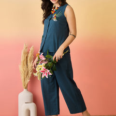 Women Cotton Navy Blue Embroidery Top With Trouser Co-ord Set