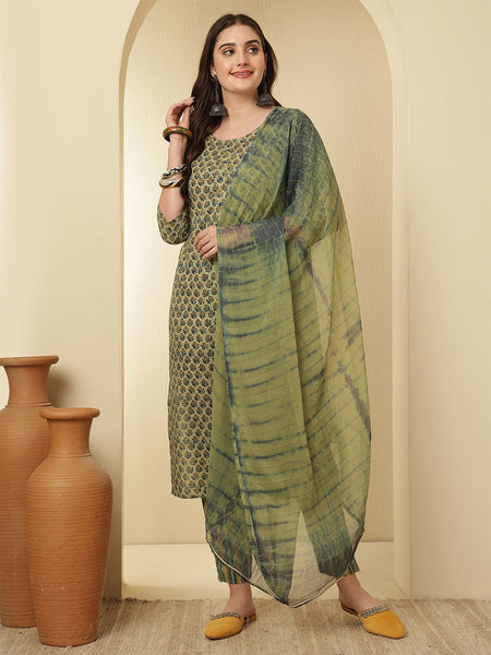 Women Cotton Printed Straight Kurta with Trouser & Dupatta