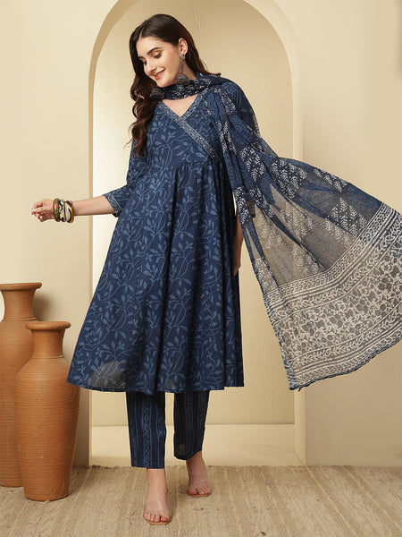 Women Cotton Indigo Printed Angrakha Anarkali Kurta with Trouser & Dupatta