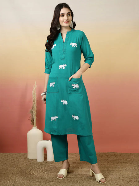 Women Solid Cotton Flex A-line Pocket Kurta with Palazzo Set
